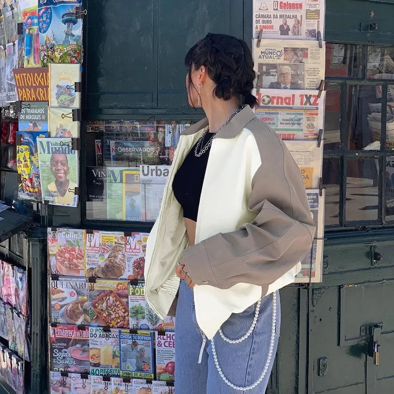 

European and American Style Autumn 2021 New Women's Street Loose Fashion Mid-length Contrast Color Lapel Long-sleeved Jacket