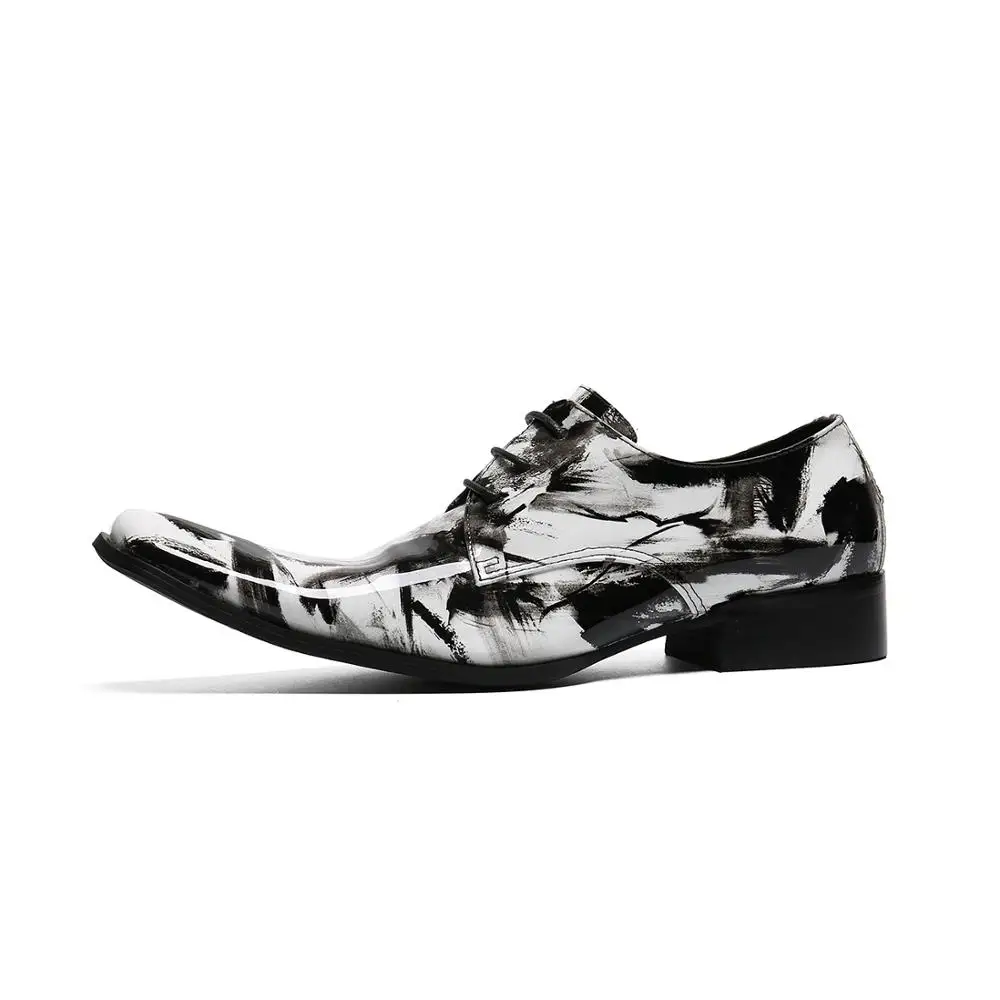 

Christia Bella New Pointed Toe Men's Party Nightclub Oxfords Shoes Man Graffiti Genuine Leather Plus Size Lace Up Brogue Shoes