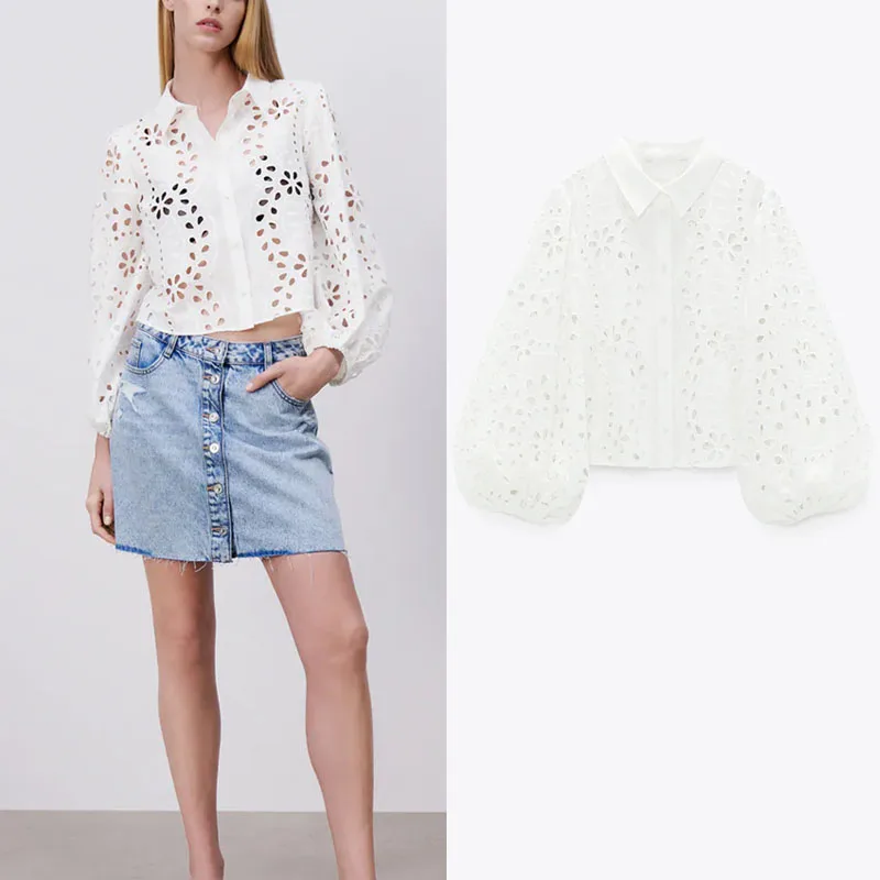 

Summer Hollow Lace Woman Blouses Shirt Za Vintage Lapel Single-breasted Design Shirt Long Puff Adjustable Cuffs Casual Shirt