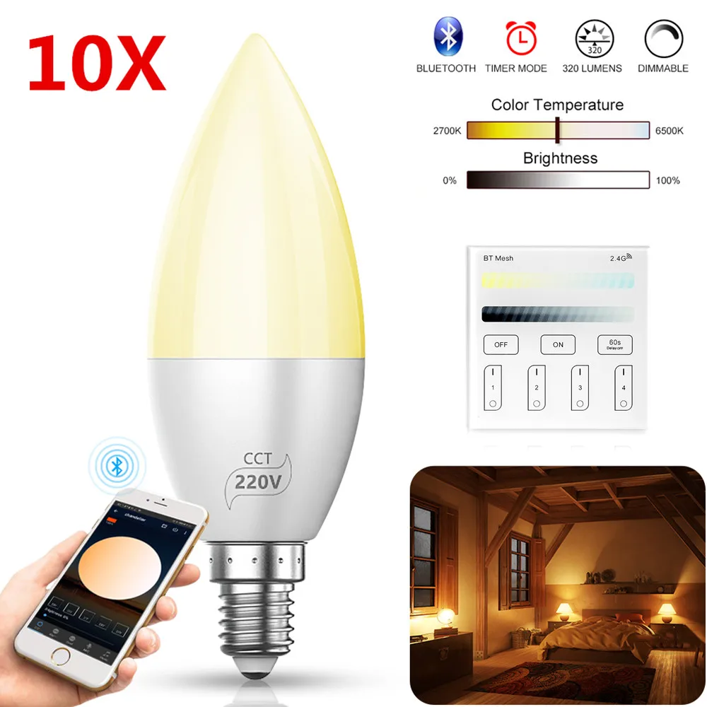 10X Bluetooth Mesh APP Controller Dimmer Timer LED Candle Light Bulb Chandeliers Ceiling Lamp E12 E14 CCT Warm White+Cool White