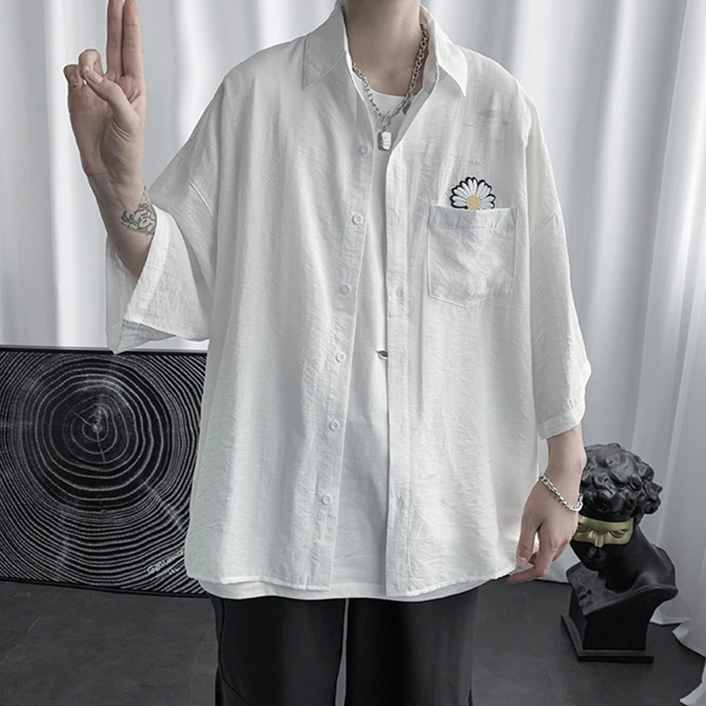 рубашка shirt men Marguerite Three-quarter Sleeves Shirt Pocket Summer Men Casual Top Workwear shirts for men  рубашка мужская