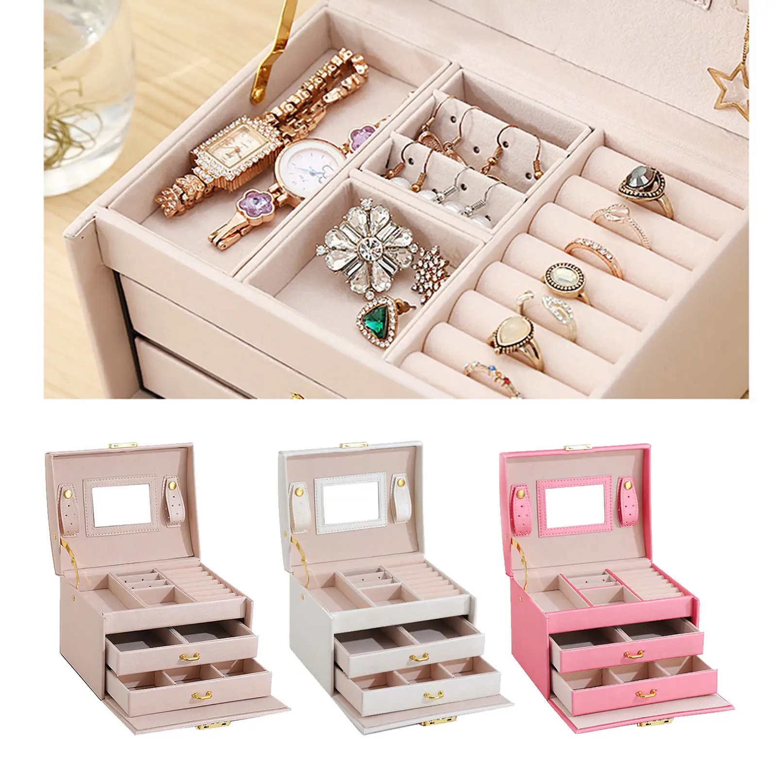 

Jewelry Box with Retro Lock and Mirror Exquisite Portable Travel Case PU Leather Organizer for Earrings Bracelets Women Girls