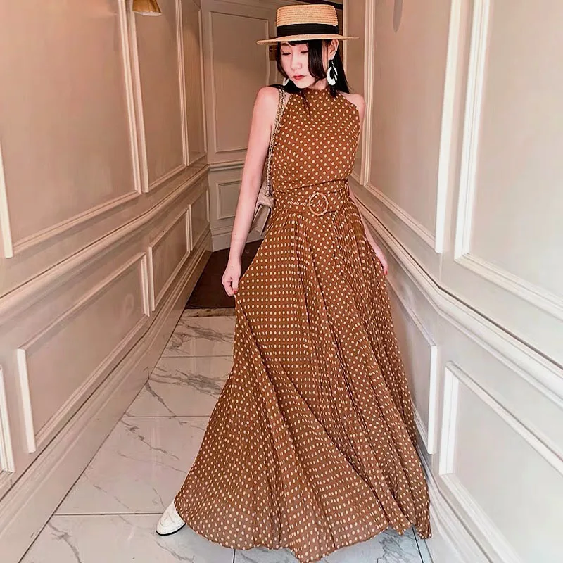 Pinkoz polka dot sleeveless maxi dress women party dinner halter pleated runway luxury chiffon brown with belt vintage | Женская одежда