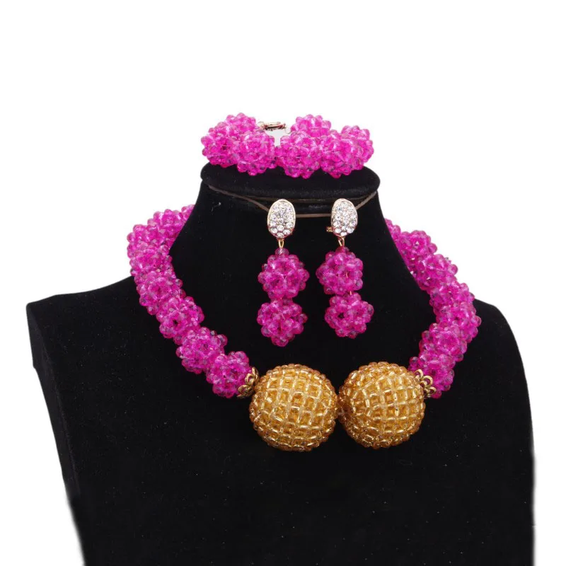

Dudo Store Fine Jewelry Set Fuchsia and Gold Balls Crystal Beaded Nigerian Weddings Jewellery Set For African Women 2019 Choker