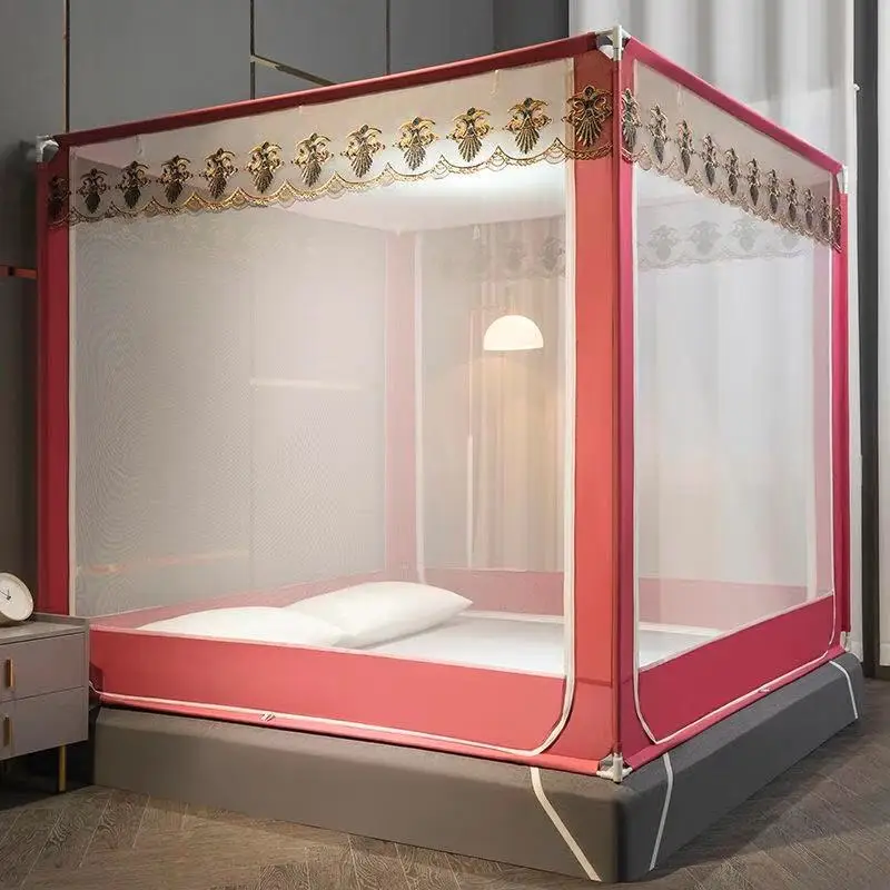 

Bigger Space Bed Lace Curtain Household Mosquito Net Integrated Floor-Type 3-Door Bed Curtain Text Tent With Frame