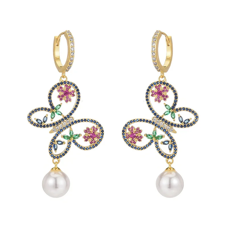 

Temperament Sweet Hook Earings for Women White Pearl Butterfly Dangle Jewelry Cubic Zirconia Fashion Wedding Earrings