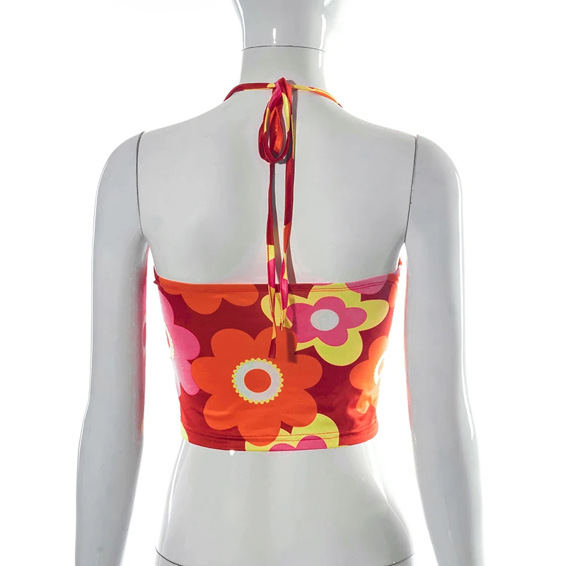 

Bomblook 2021 Y2K Kawaii Flower Printing V-Neck Lace-Up Midriff Crop Tops Summer Women Casual Wild Home Clothing Streetwears