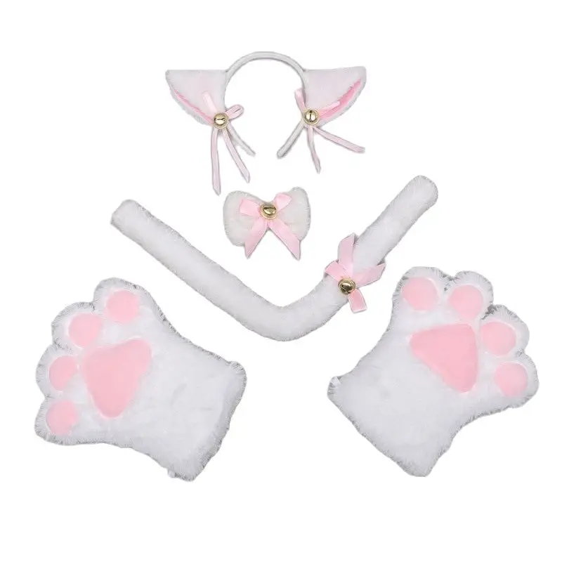 

Grils Women Cat Kitty Maid Cosplay Costume Set Plush Ear Bell Headband Bowknot Collar Choker Tail Paws Gloves Anime Lolita Props