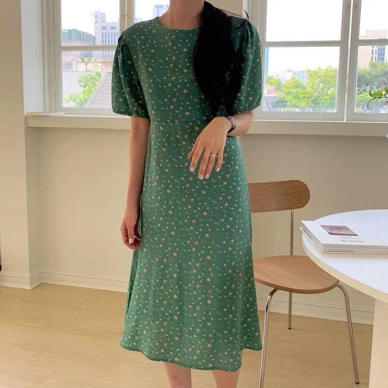 

ZAWAHIKI Korean Tender Sweet Vintage Dress Women Summer O Neck Short Sleeve Drawstring Slim Waist Print Dress Mid-calf Vestidos