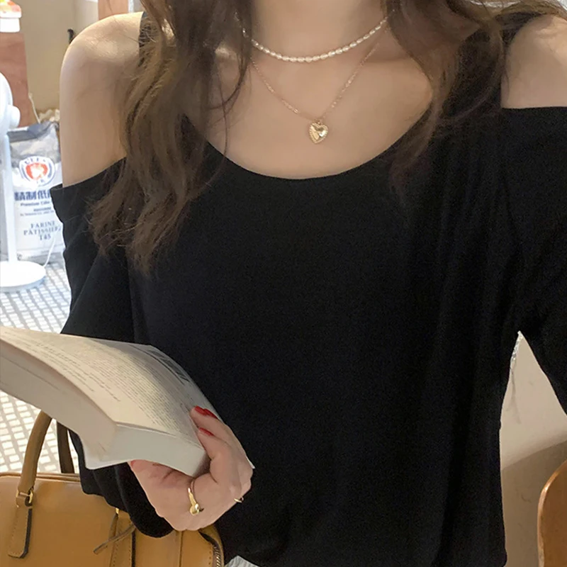 

Autumn 2021Women's T-shirt Sexy Off Shoulder Korean Style Loose Casual Long sleeve Top Female Clothing Korean Fashion Pulovers