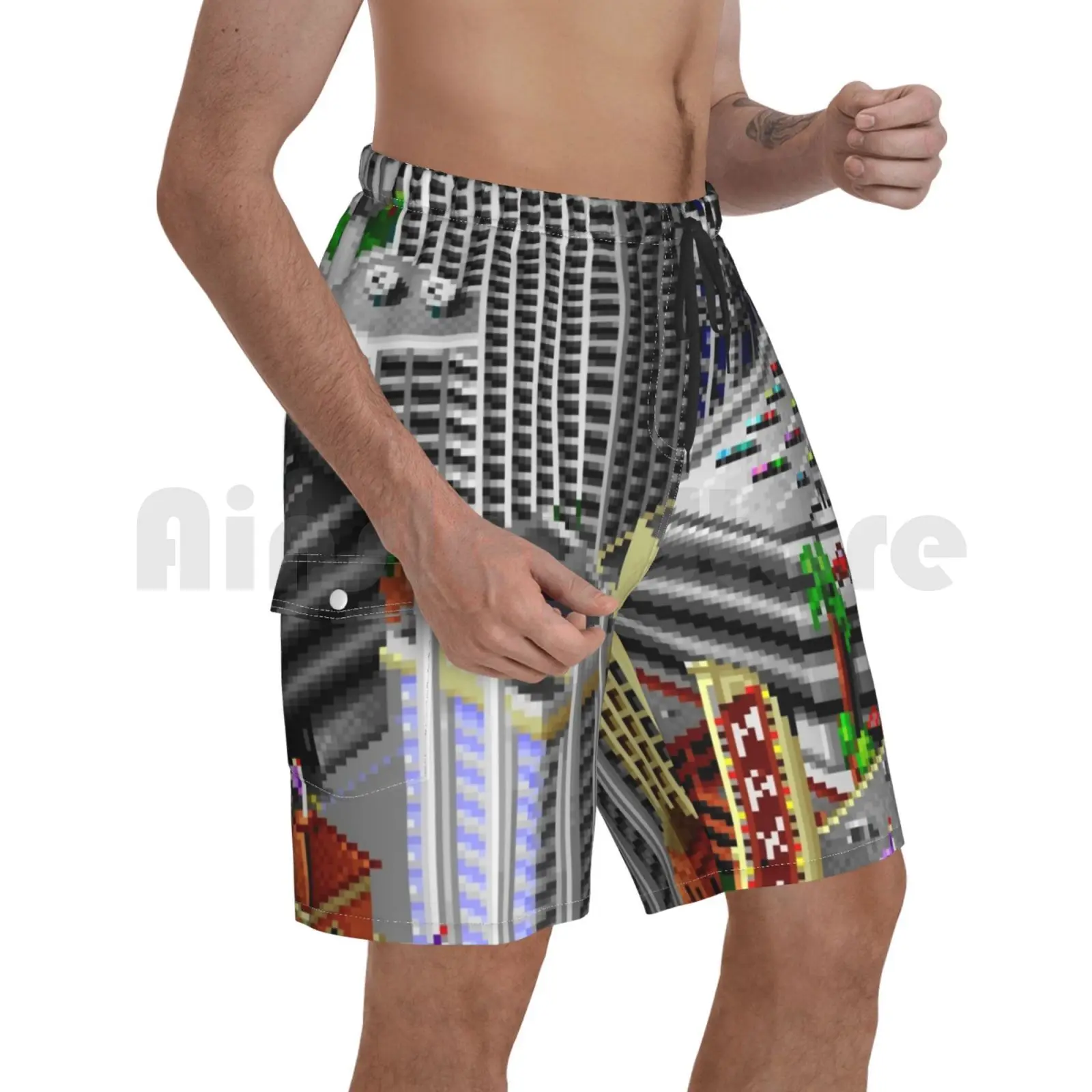 

Sim City 2000 / Residential Beach Shorts Men Beach Pants Swim Trunks Sim City Commercial Diagonal Big Building