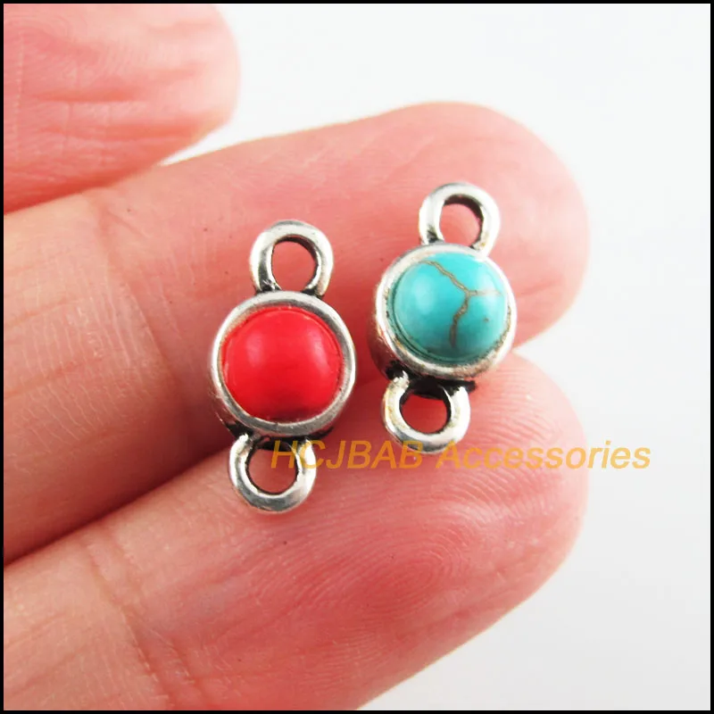 

25 New Circle Charms Tibetan Silver Tone Red & Blue Stone Round Connectors 7x14mm