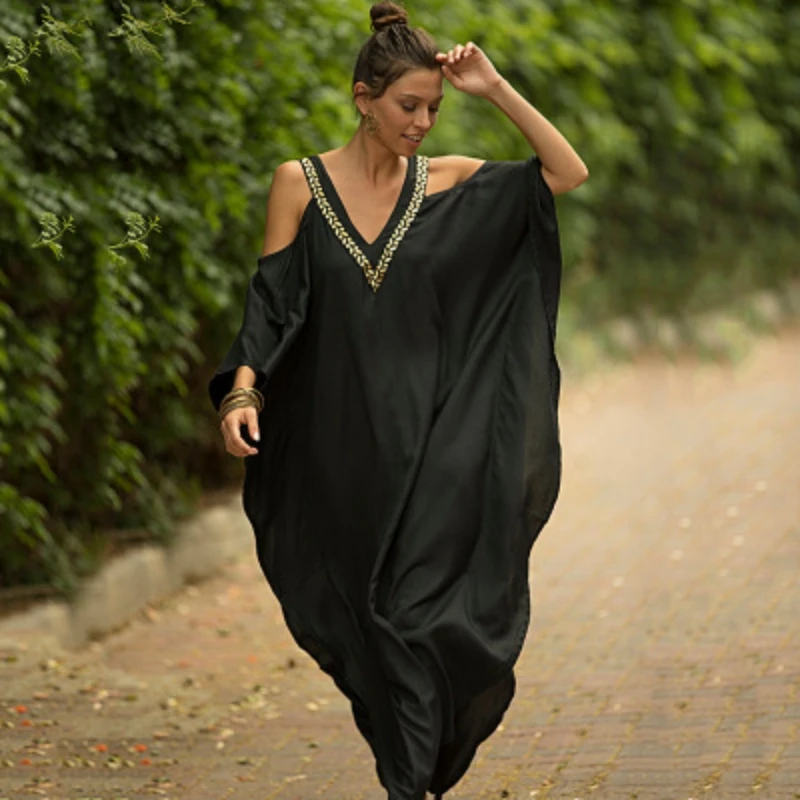 

2021 Women's Holiday Summer Swimwear V-Neck Off-Shoulder Beach Cover Up Long Dress Bikini Blouse Sun Protection Clothing