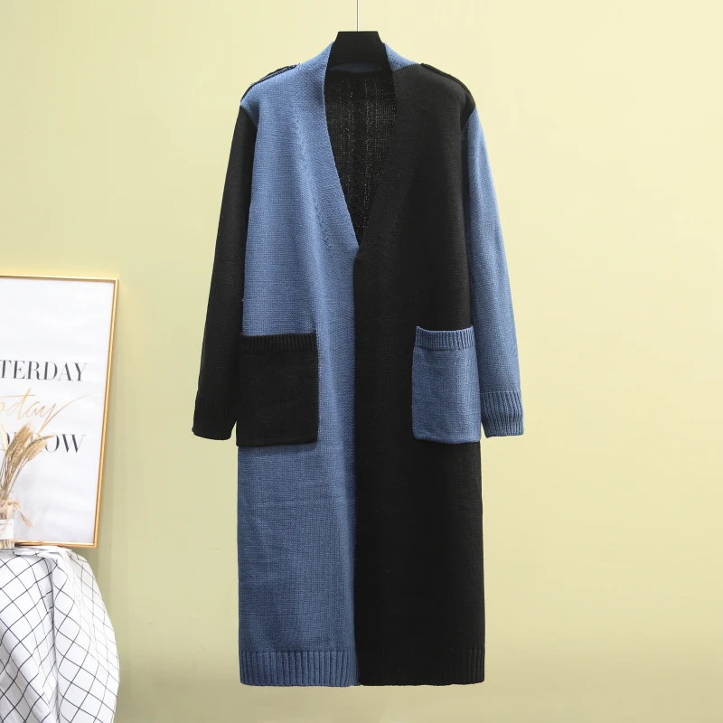 

JXMYY 2020 autumn and winter new women's Korean fashion over-the-knee color matching knitted cardigan elegant and thin coat