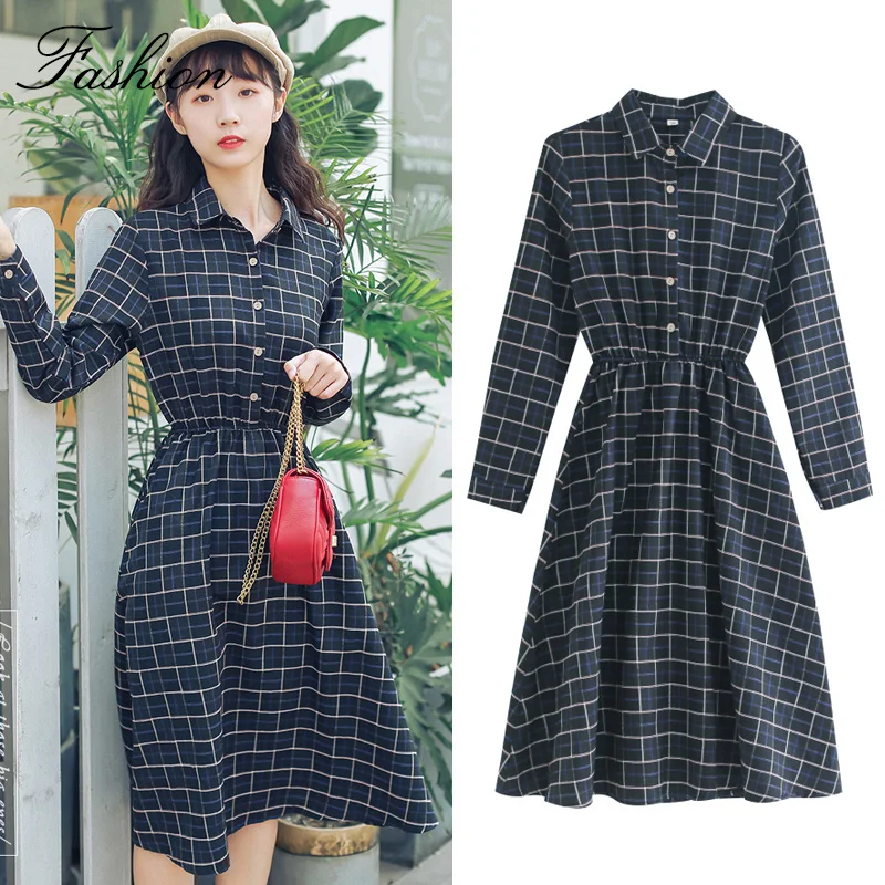 Женское клетчатое платье Mori Girl модное черное повседневное винтажное с длинным
