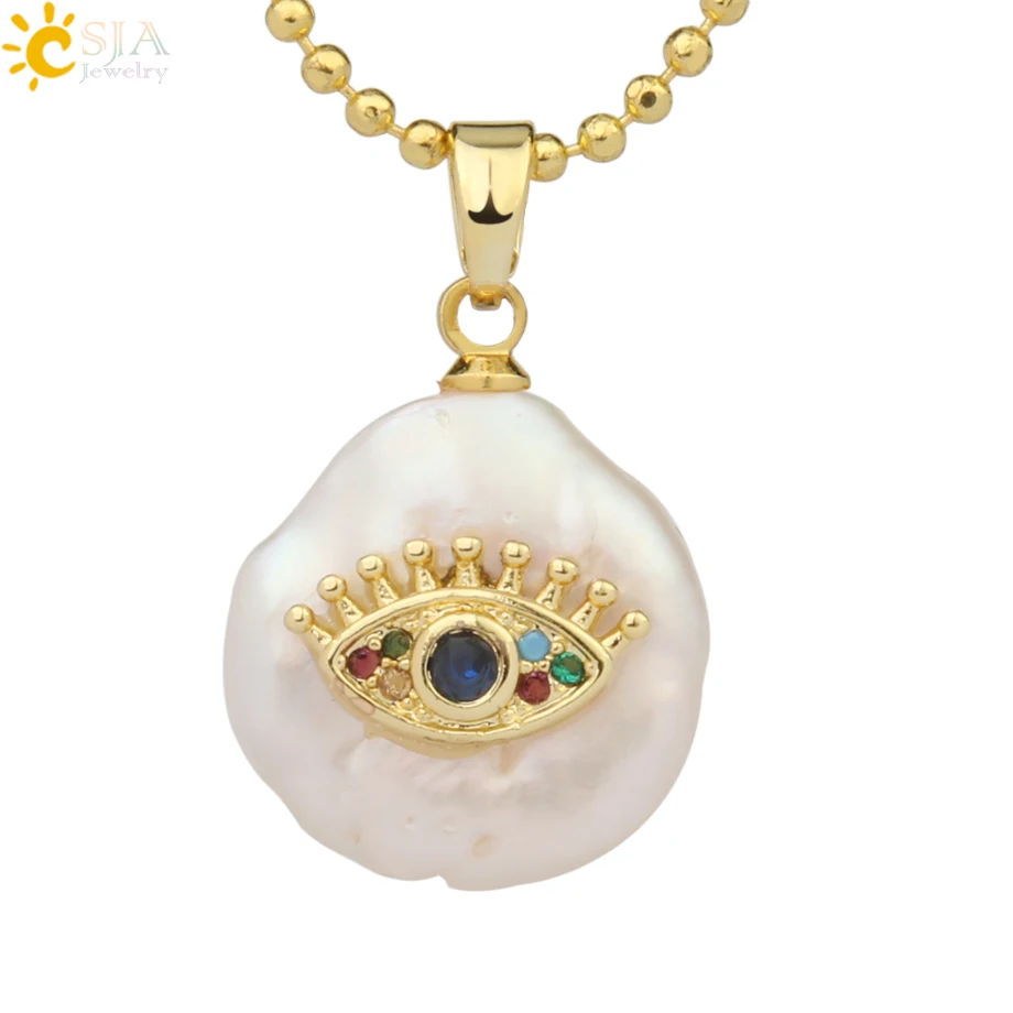 Necklace-H CSJA монета пресноводный жемчуг подвески маленький размер сглаза Хамса Фатима рука Циркон золотого цвета ожерелье чокер для женщин девочек G205 - Окраска металла: Necklace-H