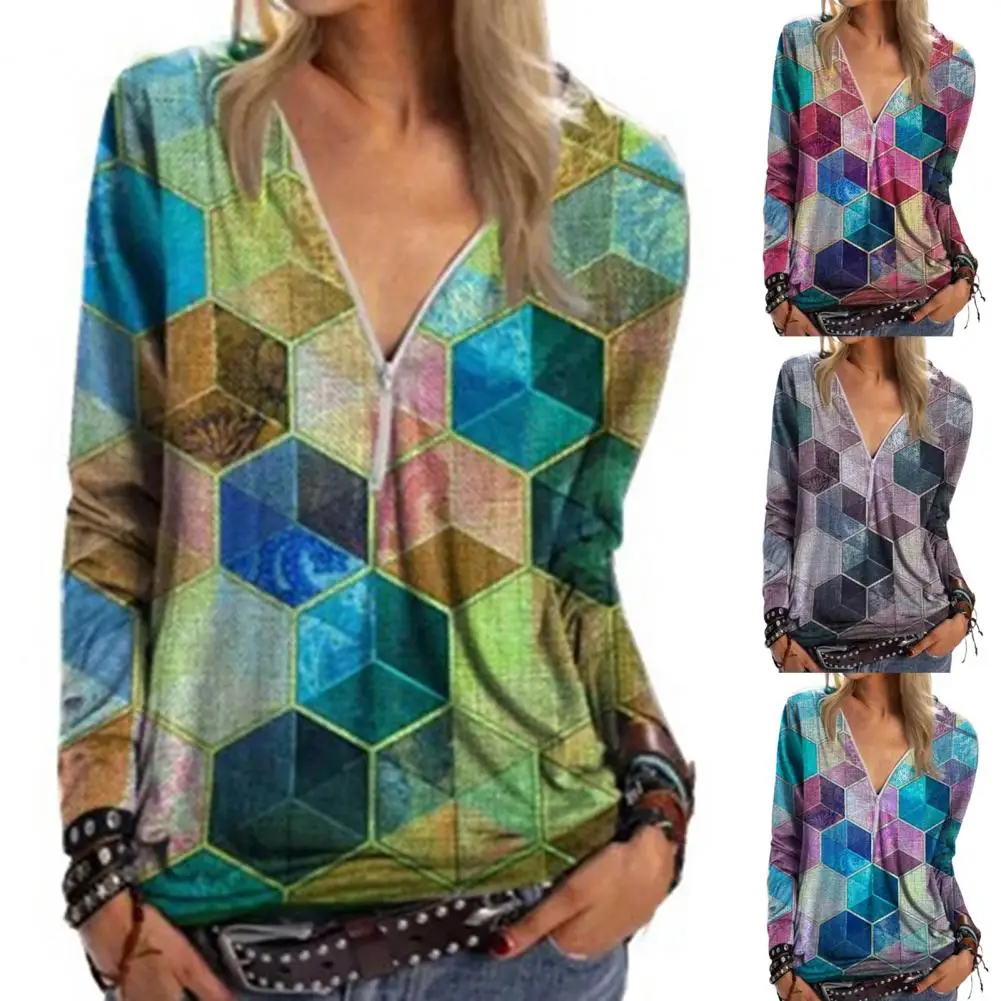 

2021 Casual Loose Blouse Women Long Sleeve Geometric Print Cotton Blend Zipper V Neck T-shirt Pullover for Party Spring/Summer