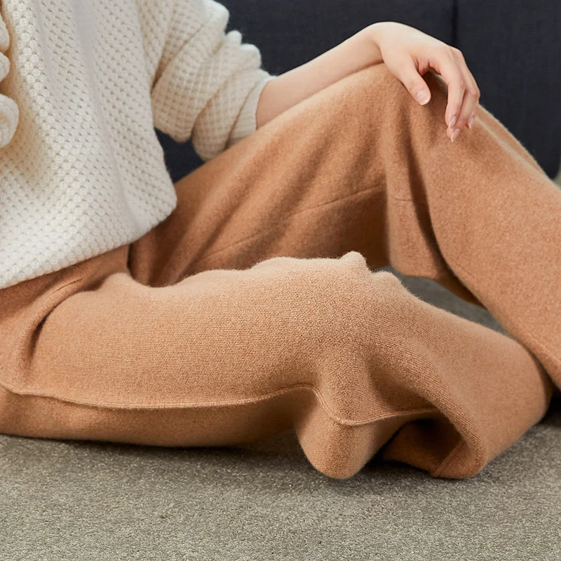 Women 100% Cashmere And Wool Pants 2020 New Autumn Winter Soft Waxy Comfortable High-Waist Knitted Female Thicken Wide Leg Pants