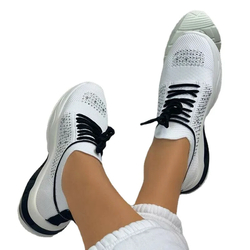 

2021 Spring and Summer New Flying Woven Rhinestone Casual Single Shoes Women's Walking Shoes Four Seasons Sports Shoes