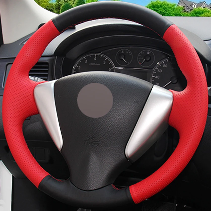 

Black Red Leather Hand-stitched Car Steering Wheel Cover for Nissan Tiida Sylphy Sentra Versa Note 2014-2017