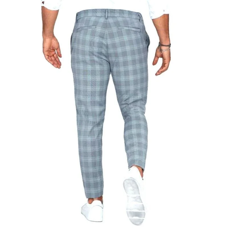 

Mens Check Pants Slim Fit Soft Stretch Casual Long Trousers Work Office Business