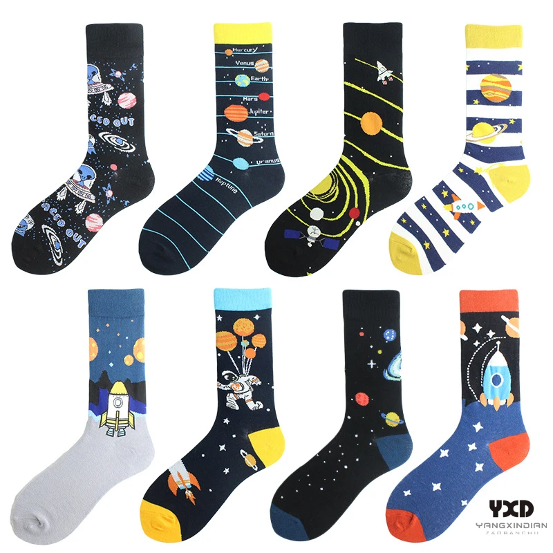 5 Pairs/Men's Funny Socks Alien Planet Universe Anime Socks Gift Man Cotton Fashion Hip Hop Harajuku High Socks With Print Long