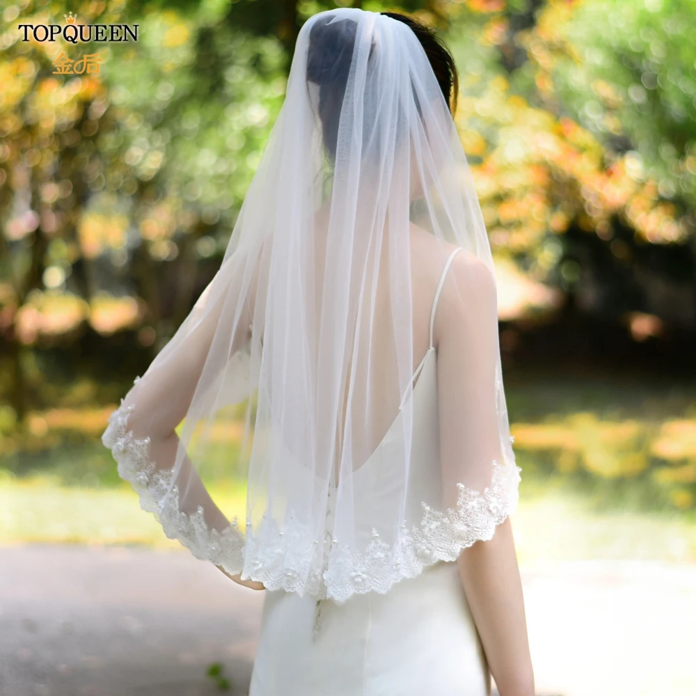 TOPQUEEN-velo de novia con bordado de perlas V96, velo de novia con peine, color blanco marfil, longitud hasta el codo, 1,6 M