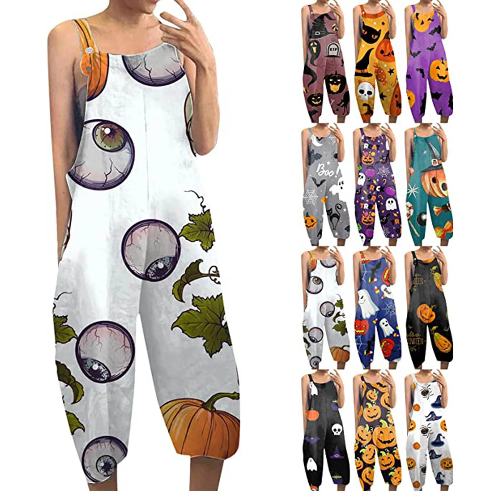 

Halloween Jumpsuits Women Pocket Jumpsuit Pumpkin Skull Loose Wide Baggy Pants Club Outfits For Women Romper Jumpsuits 2021