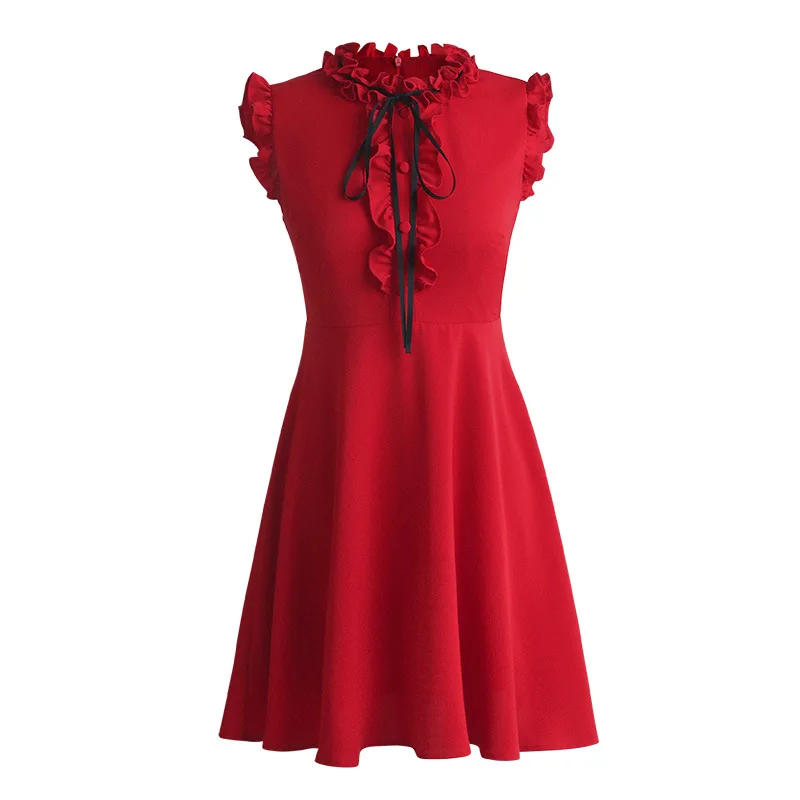 

Ruffles Chiffon Sweet Bow Lace up Fairy Dress Women Summer Short Mini Red Sleeveless Casual Elegant Buttons Female Vestidos