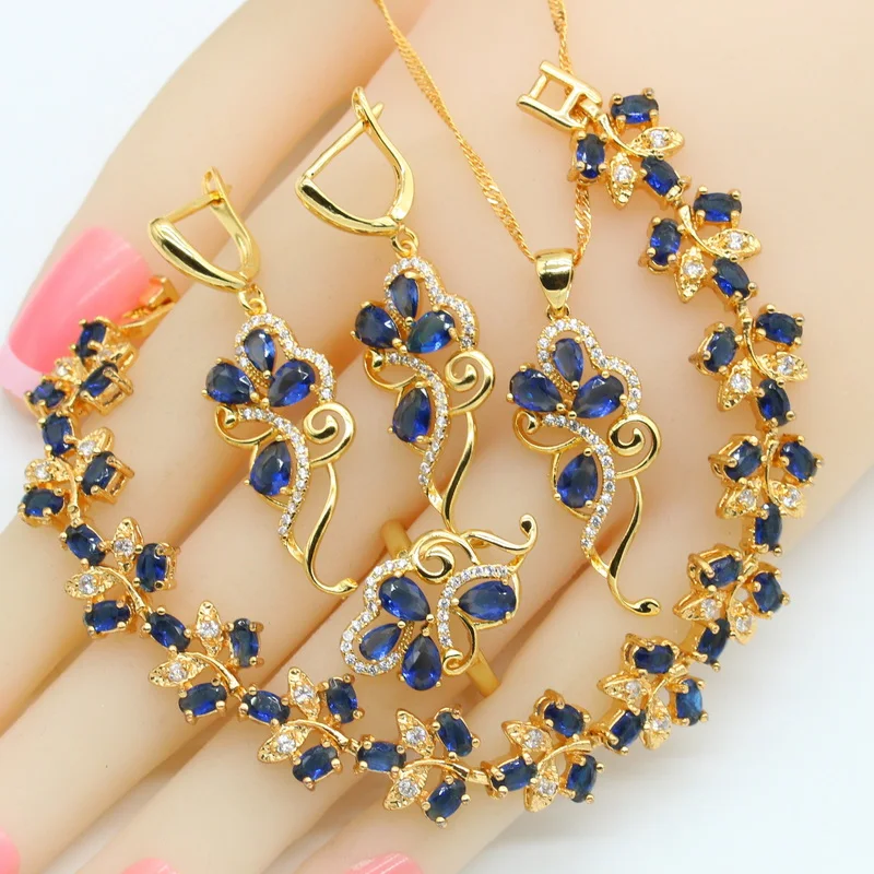 Flower Blue Sapphire 18K Gold Plated Jewelry Sets for Women Earrings Necklace Pendant Ring Bracelet Christmas Birthday Gift