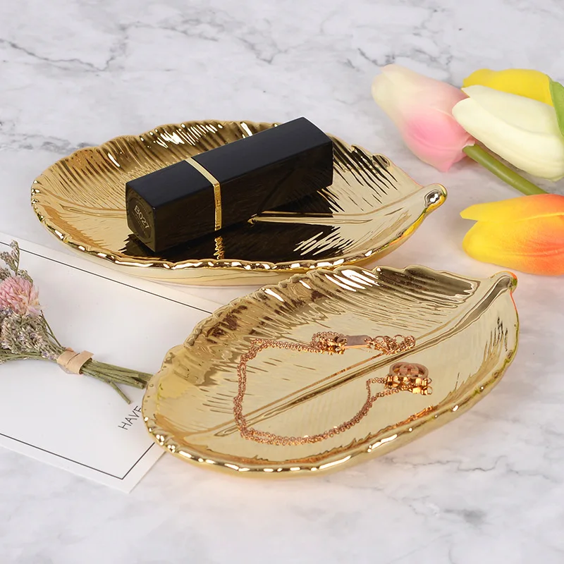 Nordic Ins Gold Leaf Ceramic Storage Tray Gold Leaf Jewelry Tray Dried Fruit Dish Home Decoration
