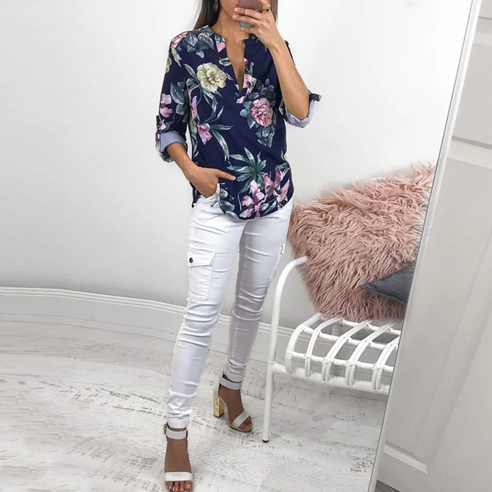 

Womens Long Sleeve V Neck Floral Printed Blouse Tops Fashion Ladies Summer Casual Blouse Loose Shirt Women Tops And Blouses #30