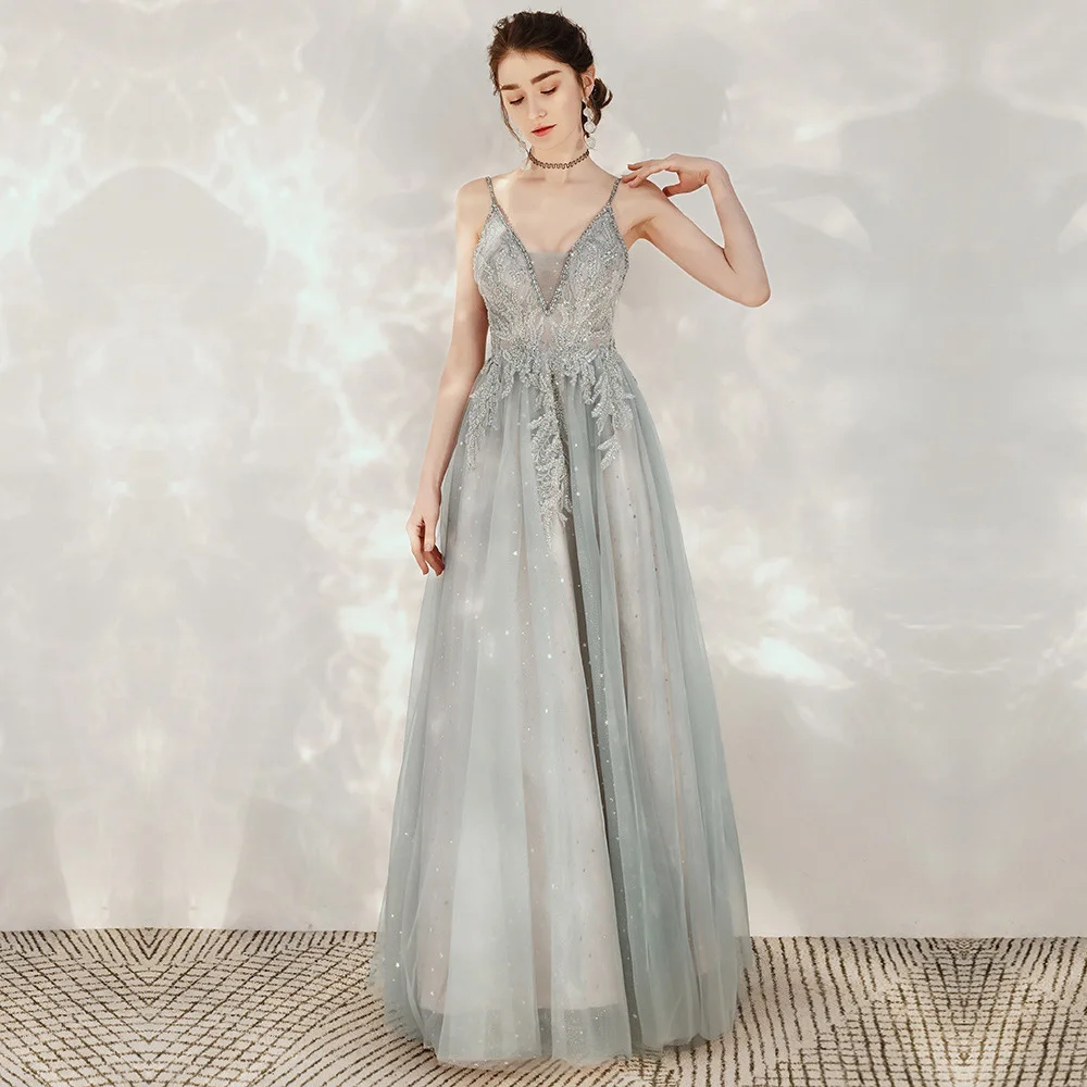 

Серое вечернее платье на тонких бретельках, роскошное элегантное сексуальное ТРАПЕЦИЕВИДНОЕ платье длиной до пола с v-образным вырезом для ...