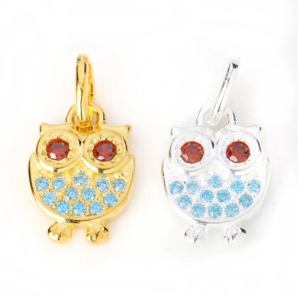 Owl Animal Red Blue Rhinestone 925 Sterling Silver Charms Golden Pendant Jewelry 15mm( 5/8&quot) x 8mm( 3/8&quot) 1 Piece | Украшения и