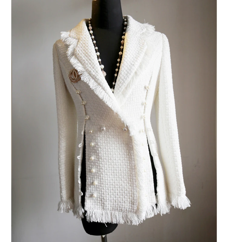 2019 осенне зимнее шерстяное пальто воротник костюма Женская ветровка с жемчужной