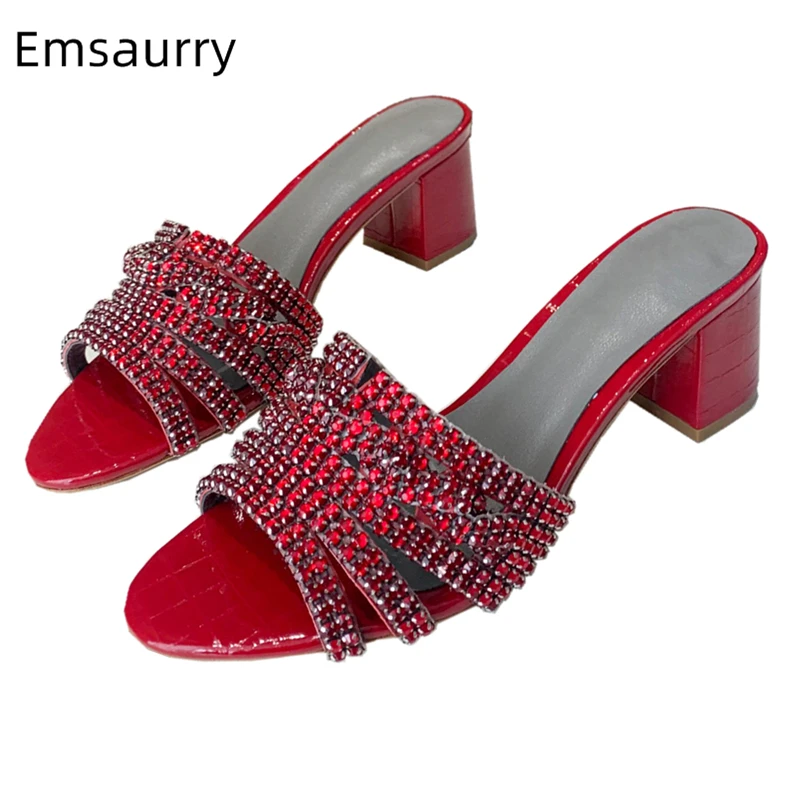 

New Color Runway Mules Women Sexy Open Toe Genuine Leather Stone Grain Luxury Rhinestone High Heel Runway Sandals Woman