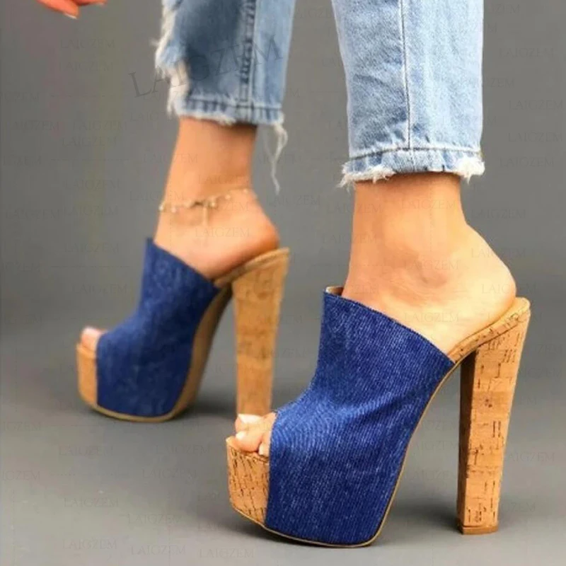 SEIIHEM Women Platform Mules Denim Chunky Heels Peep Toe Ladies Handmade Scarpe Donna 2022 Shoes Woman Big Size 41 42 48 50 52