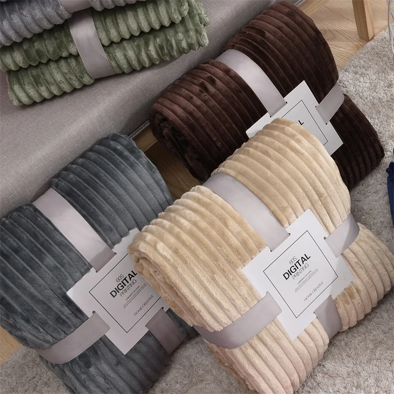 Soft Adult Bed Cover Winter Warm Stitch Fluffy Solid Striped Throw Blanket Flannel Fleece Linen Bedspread for Sofa Bedroom | Дом и сад
