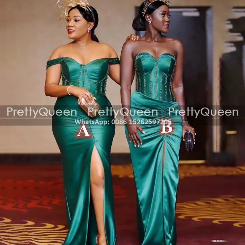 

Shiny Sequins Beads Long Prom Dresses With High Frong Split Mermaid Huner Green Off Shoulder Reception Dress Party Formal