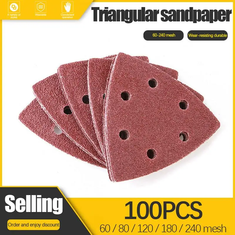 

100 PCS Triangle Sandpaper Sanding Sheets 6 Holes Hook and Loop Assorted 60/80/120/180/240/ Grits for Sanding Polishing