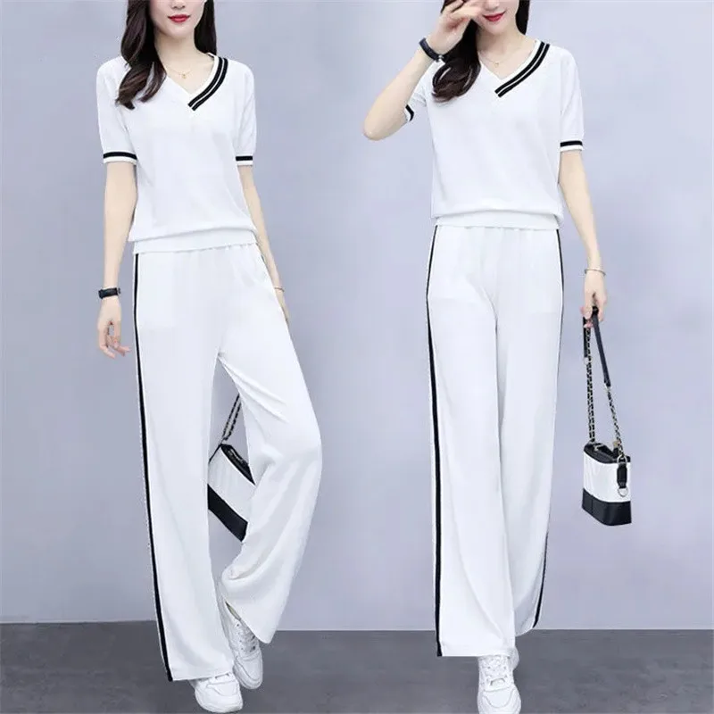 

Cotton Short-Sleeved Crop Top Stand-Up Collar+Pant Suits Women Summer Women Wide-Leg Pants Sportswear Two Piece Set Women 170