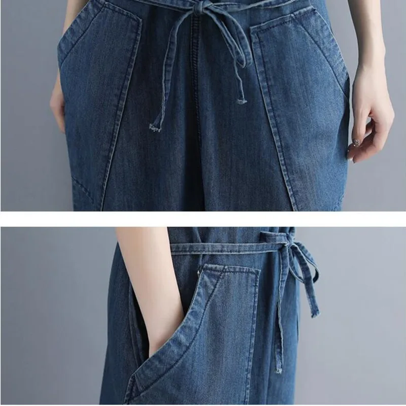 

Spring Autumn V-neck Sleeveless Woman Jean Jumpsuit Solid Loose Overalls Ladise Fashion Wide Leg Big Size Jumpsuit Lady
