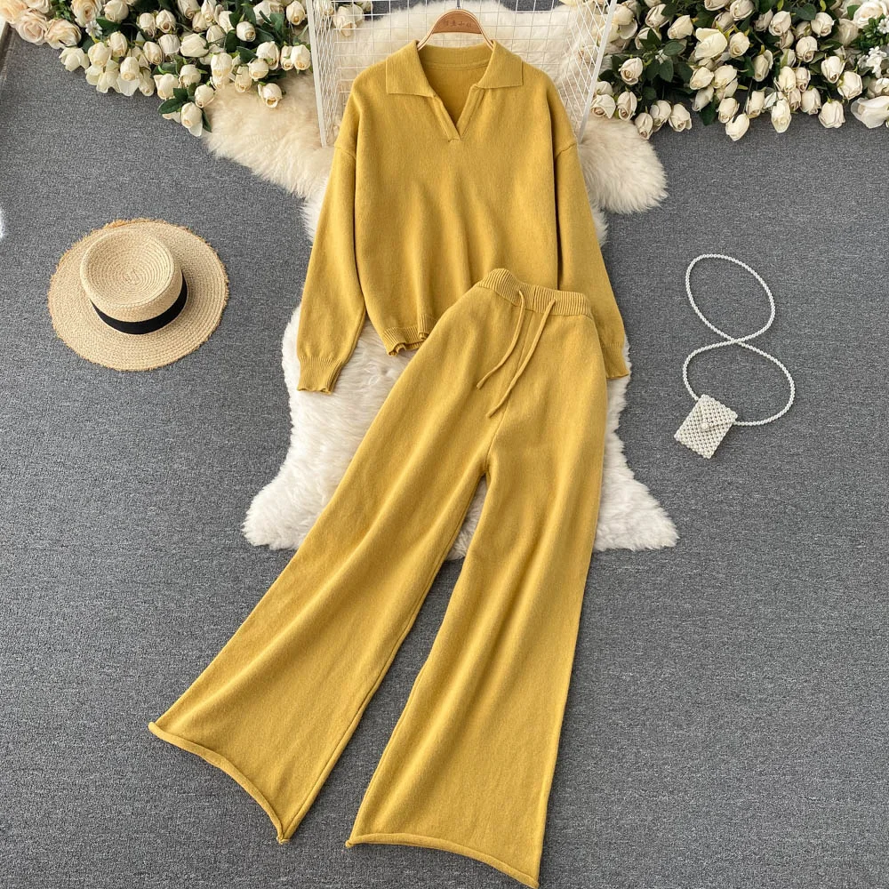

Women Knitted 2 Pieces Set Autumn Winter Solid Pullover Sweater Top and Elastic Waist Wide Leg Long Pants Tracksuit