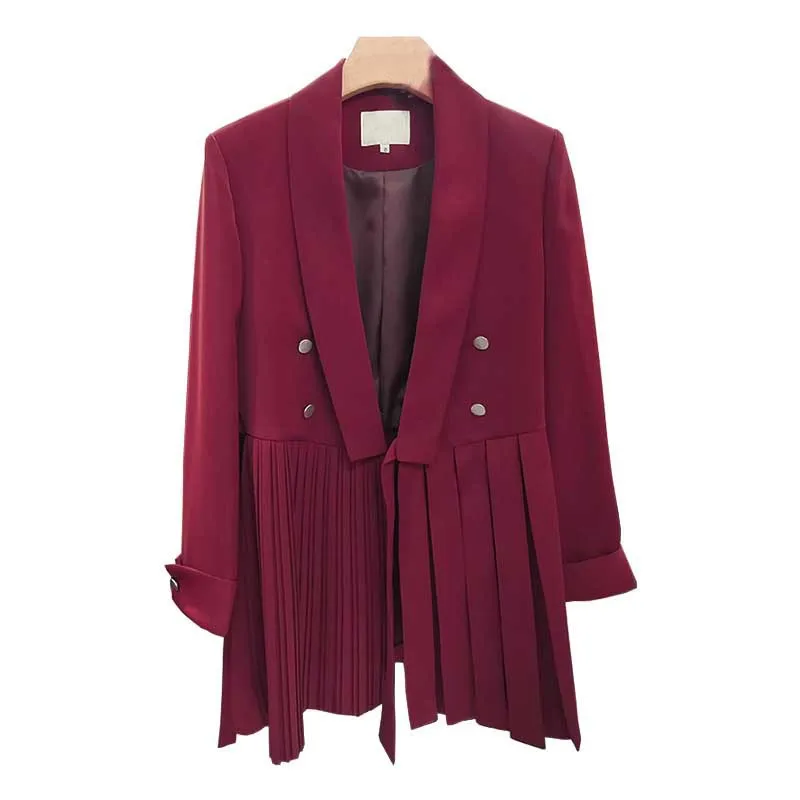 

2020 Autumn Female New Slim Casual Turn Down Collar Solid Color Long Sleeve Minimalist Pleated Hem A-Line Suit Dress C702