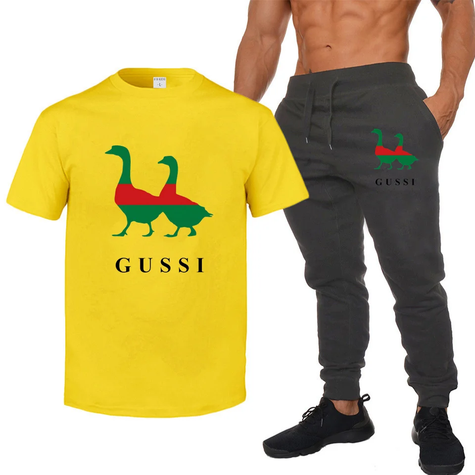 

Summer cotton men's suit casual T-shirt short-sleeved solid color unisex round neck T-shirt sports top + jogging pants 2-piece s