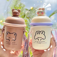 kawaii bear thermos flask with strap for children girl stainless steel insulated portable coffee water bottles christmas gifts
