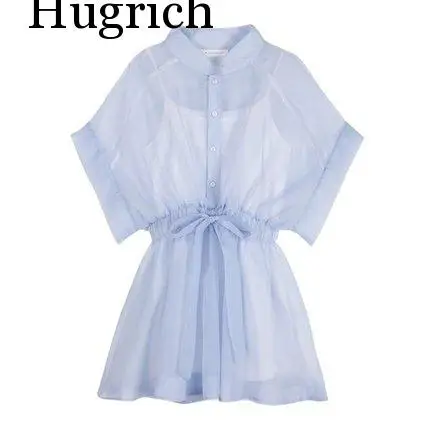 

Summer Two-piece Set Mini Dress Women Korean Short Sleeve Stand Organza Belt Single-breasted T-shirt Dresses + Cotton Base Shirt