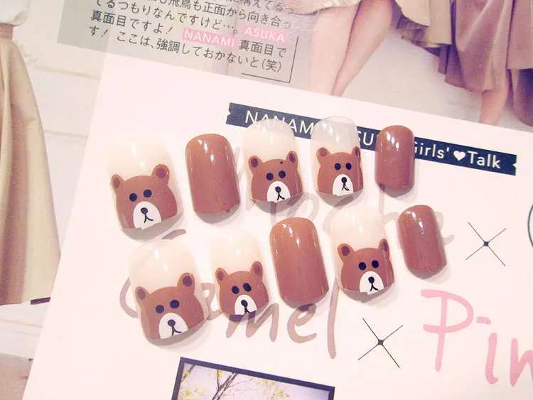 New 24pieces Brown Bear Cute 3D Acrylic Classical Plastic Art Short Fake false Sticker Nail Tips Free Glue Gel [N311]