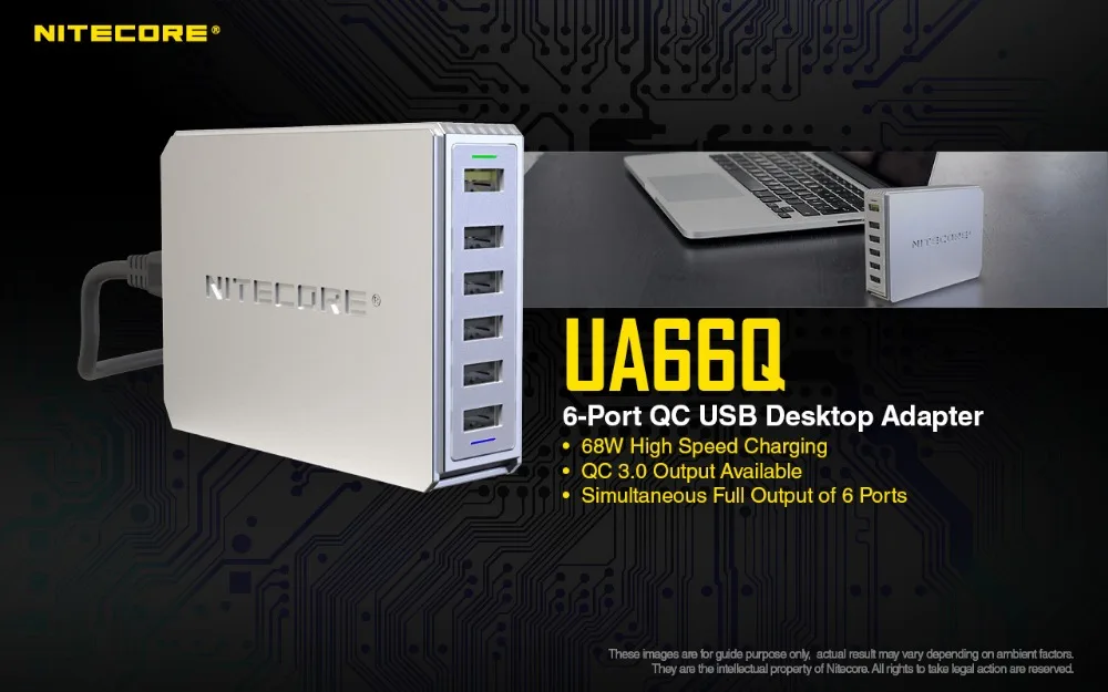 NITECORE UA66Q 6-Порты и разъёмы QC Зарядное устройство USB адаптер 68 Вт высокой мощности Скорость зарядкой зарядное устройство QC 3,0/QC 2,0 Выход Aavaiable большого Ёмкость устройств