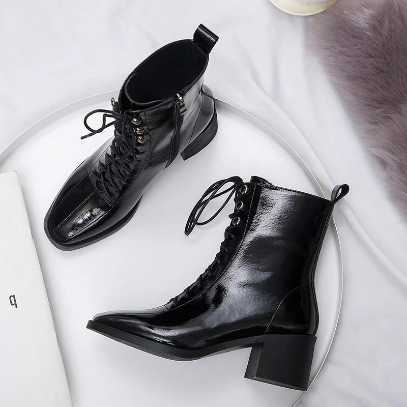 Harga Kulit Gandum Penuh 6.5cm Tinggi Tebal Bawah Tumit Cross-tied Renda Zipper Musim Dingin Tetap Hangat Warna Murni Semata Kaki JGG09 MUYISEXI